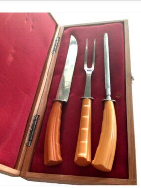 Vintage Craftsman USA Carving Set Knife Fork Steel Wood Box Stainless 3 Pc